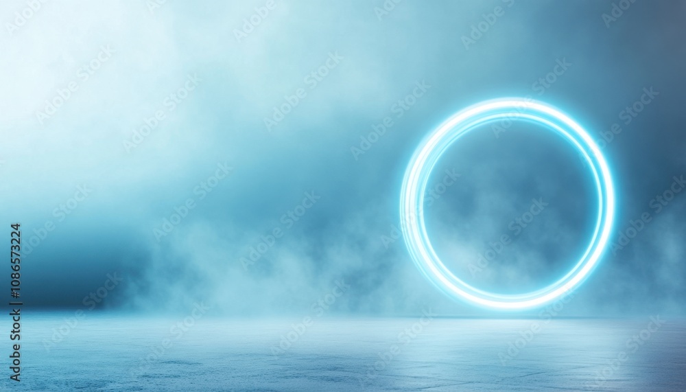 Poster a glowing blue circle illuminates a misty environment creating an ethereal atmosphere in a dimly lit