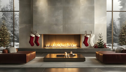 Modern living room with fireplace, Christmas stockings, and snowy winter view.