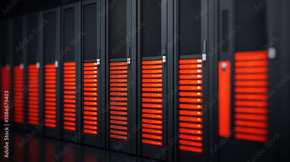 Poster high-tech server room with modern hardware and glowing red lights, showcasing advanced technology an