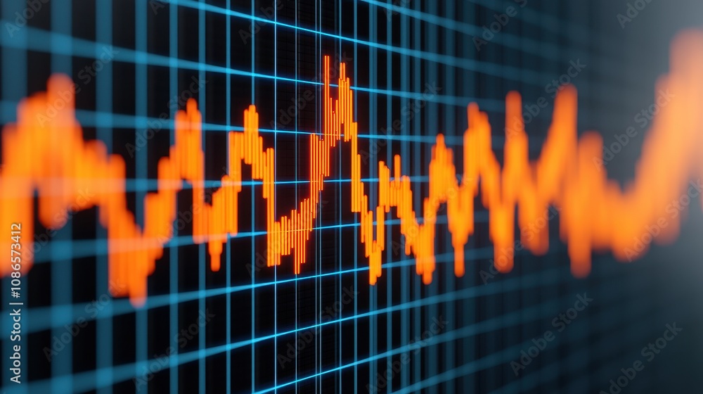 Poster abstract digital representation of a fluctuating graph with vibrant orange lines on a blue grid back