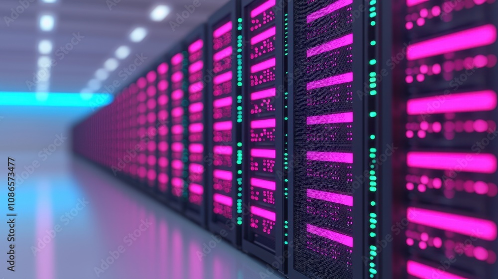 Poster high-tech data center with rack servers illuminated by vibrant pink and blue lights, showcasing mode