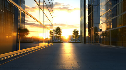 An HDRi of a modern urban street at sunset