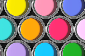 Colorful paint cans forming a vibrant and inspiring palette