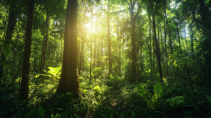 Naklejka premium HDRI of a dense forest canopy with dappled sunlight