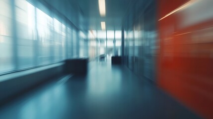 Blurry interior hallway of a modern building with large windows during daytime creating a spacious atmosphere
