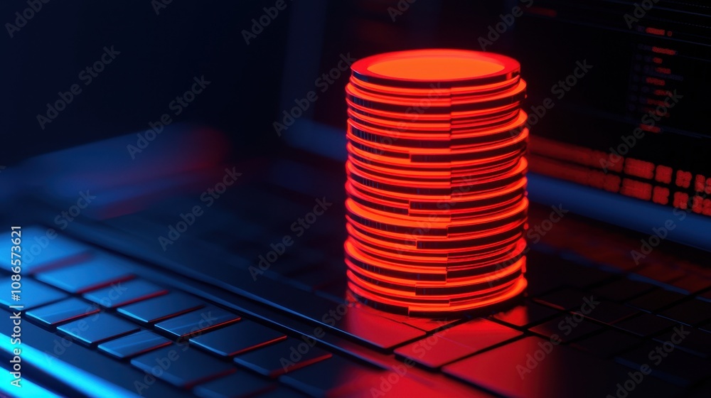 Poster captivating close-up of stacked red chips on a laptop keyboard in a dimly lit environment highlighti