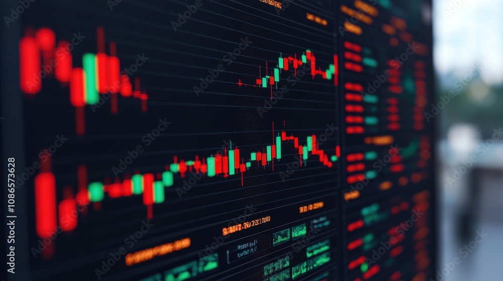 Poster detailed financial trading screen displaying stock market fluctuations with colorful candlestick cha