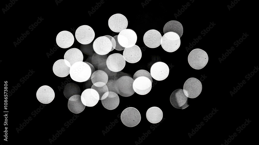 Poster Abstract black and white composition featuring blurred circles of light creating a bokeh effect in a dark background