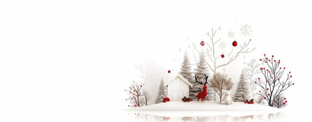 A peaceful winter countryside featuring a red barn surrounded by snow-covered trees, a wooden fence, and a calm atmosphere