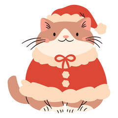 Flat vector illustration in a simple children's style. Cute cat in Santa Claus suit on white background. Vector illustration