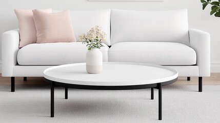 Modern Minimalist Living Room with White Sofa and Stylish Coffee Table, Featuring Soft Textures, Elegant Decor, and Bright Natural Light Enhancing the Cozy Atmosphere
