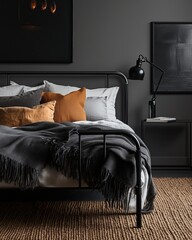 Modern Monochrome Bedroom with Warm Accents and Industrial Touch