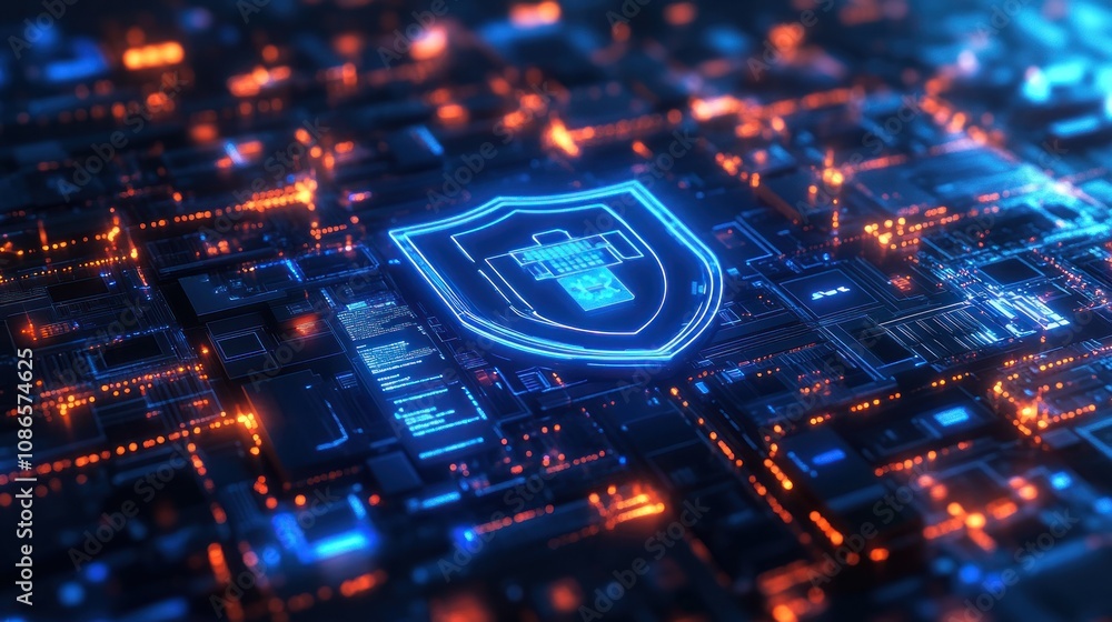 Poster 3d model of computer network surrounded by shield icon and cyber insurance document