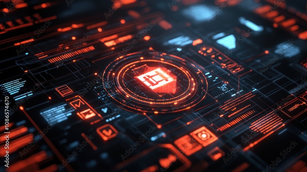 Poster 3d model of digital insurance icon surrounded by data graphs and security symbols.