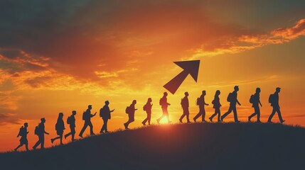 Fototapeta premium Silhouette figures in an upward arrow shape, success and progress symbolism