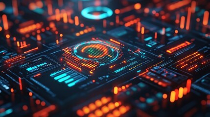 Obraz premium 3D model of digital insurance icon surrounded by data graphs and security symbols.