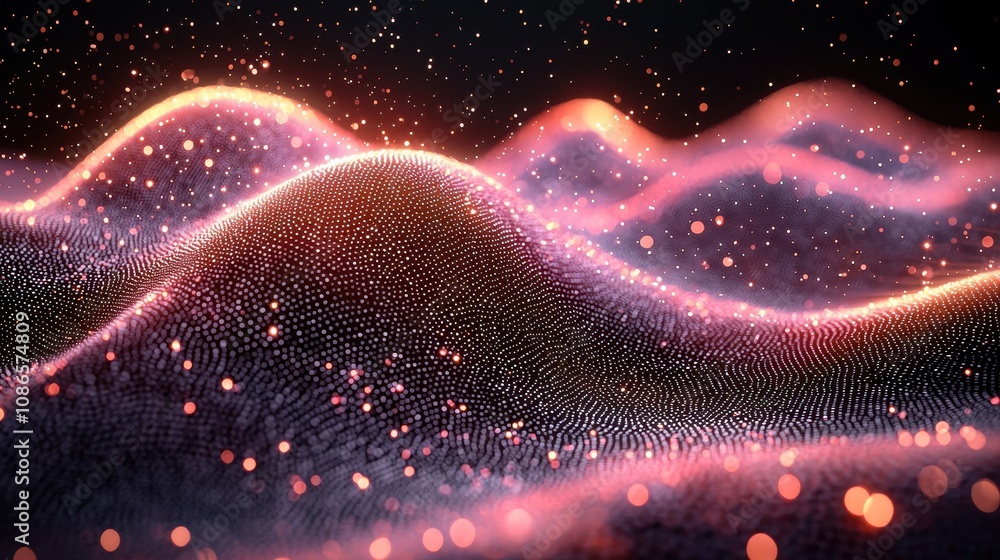 Poster abstract glowing landscape with dynamic waves, luminous particles floating in space, and vibrant col