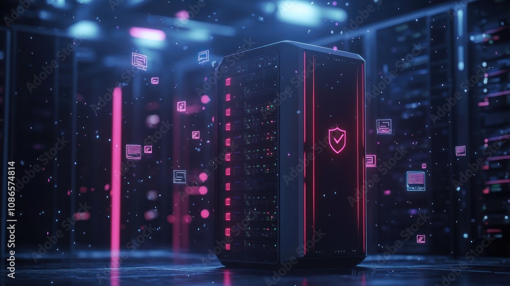 Poster 3d model of server covered by digital insurance shield with security icons floating around it.