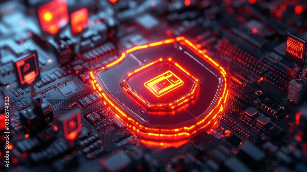 Poster 3d model of server covered by digital insurance shield with security icons floating around it.