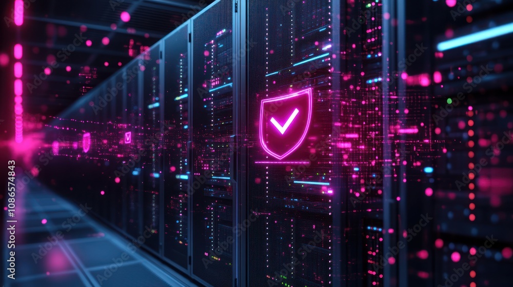 Poster 3d model of server covered by digital insurance shield with security icons floating around it.