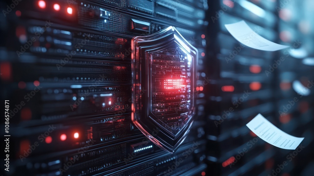 Poster 3d model of server protected by cyber shield with insurance documents floating above