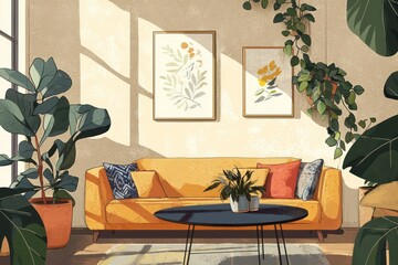 Cozy seating and home decor in a Scandinavian bohemian living room with beige walls.