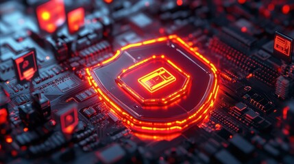 3D model of server covered by digital insurance shield with security icons floating around it.