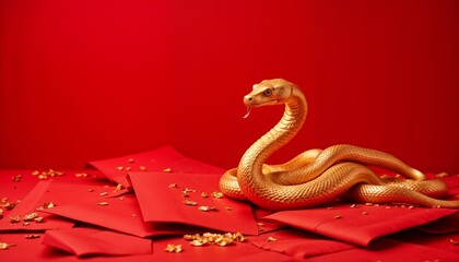 Obraz premium Golden Snake with Red Envelopes Background – A golden snake curled around traditional red envelopes