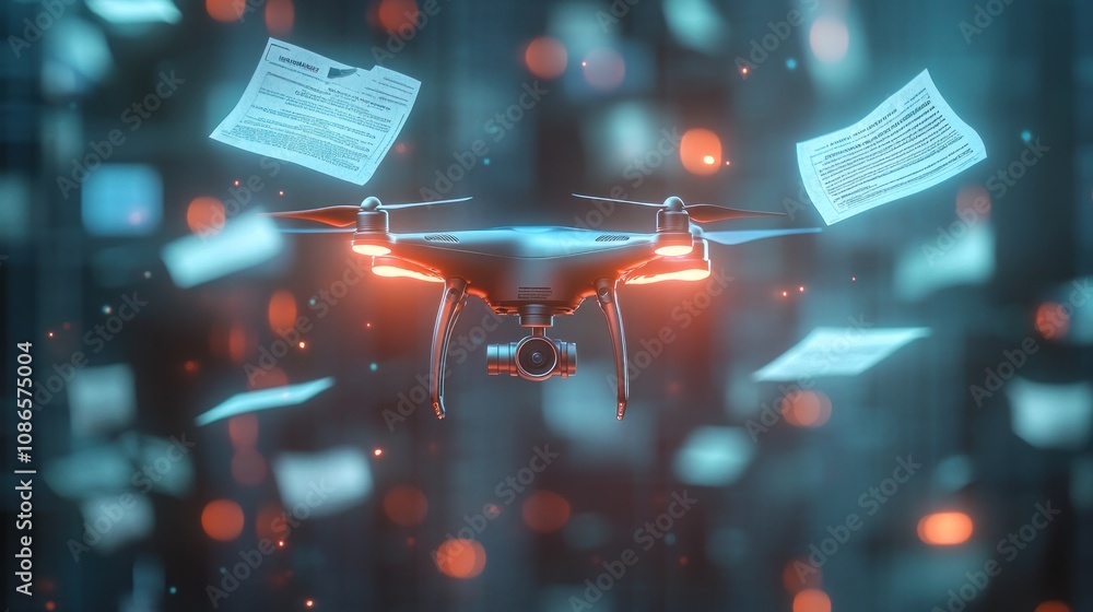 Poster 3d rendering of a drone covered with a shield and insurance documents floating above, suggesting saf