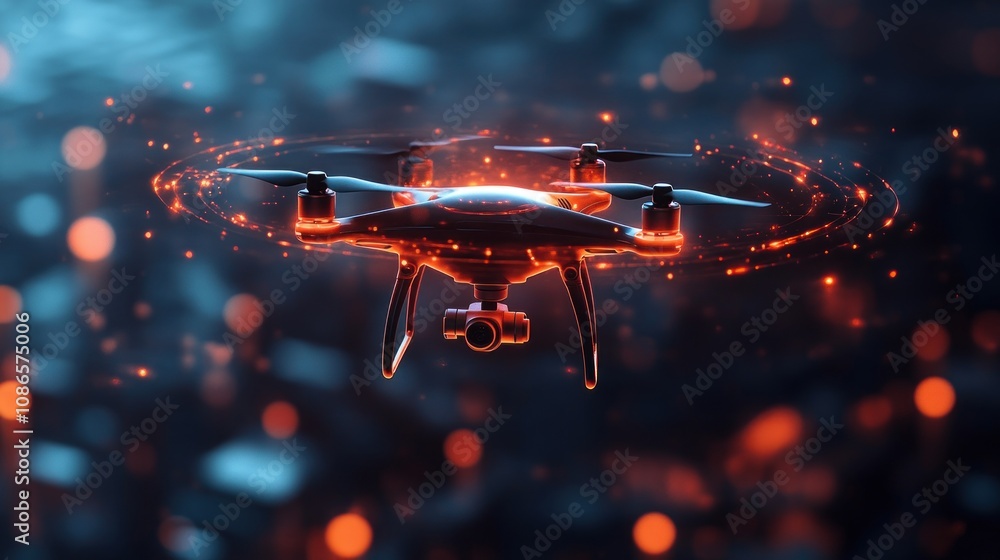 Poster 3d rendering of a drone flying in the air with a protective shield floating above, suggesting drone 