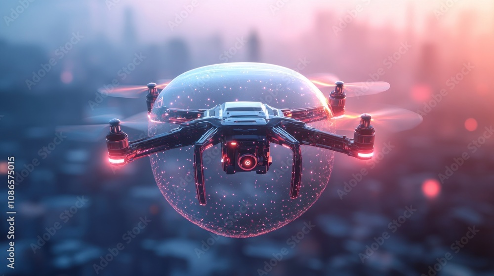 Poster 3d rendering of a drone flying in the air with a protective shield floating above, suggesting drone 