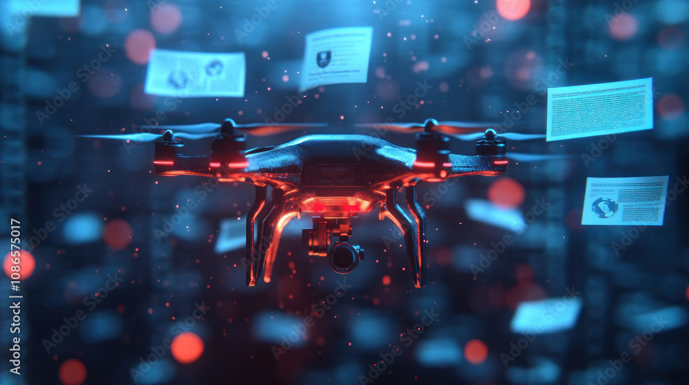 Poster 3d rendering of a drone covered with a shield and insurance documents floating above, suggesting saf