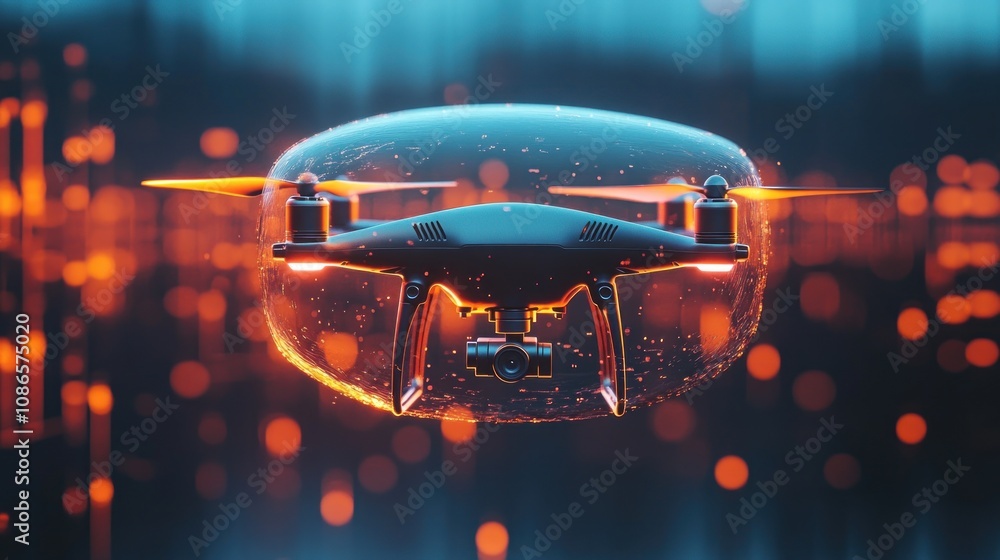 Poster 3d rendering of a drone flying in the air with a protective shield floating above, suggesting drone 