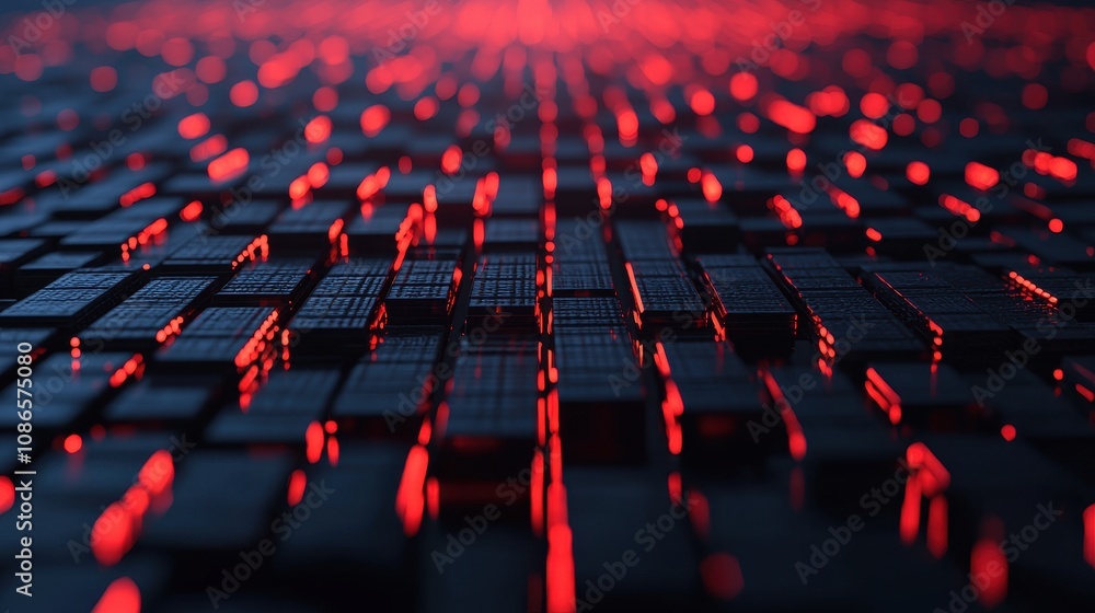 Poster abstract representation of digital technology with glowing red lights illuminating a surface of dark