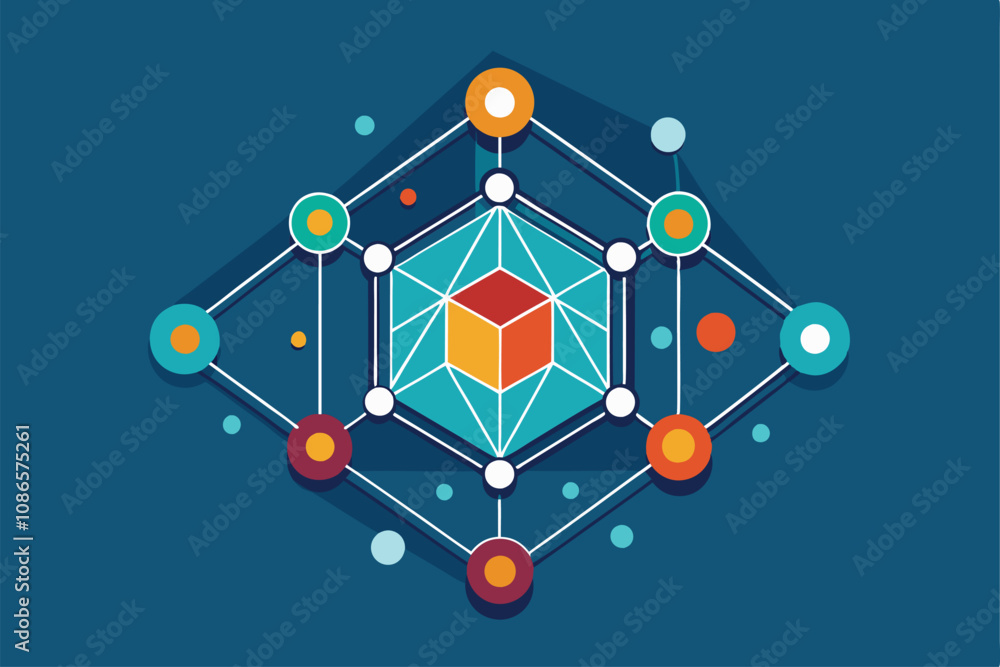 Poster a geometric shape displays interconnections through colorful nodes and lines, showcasing a vibrant d