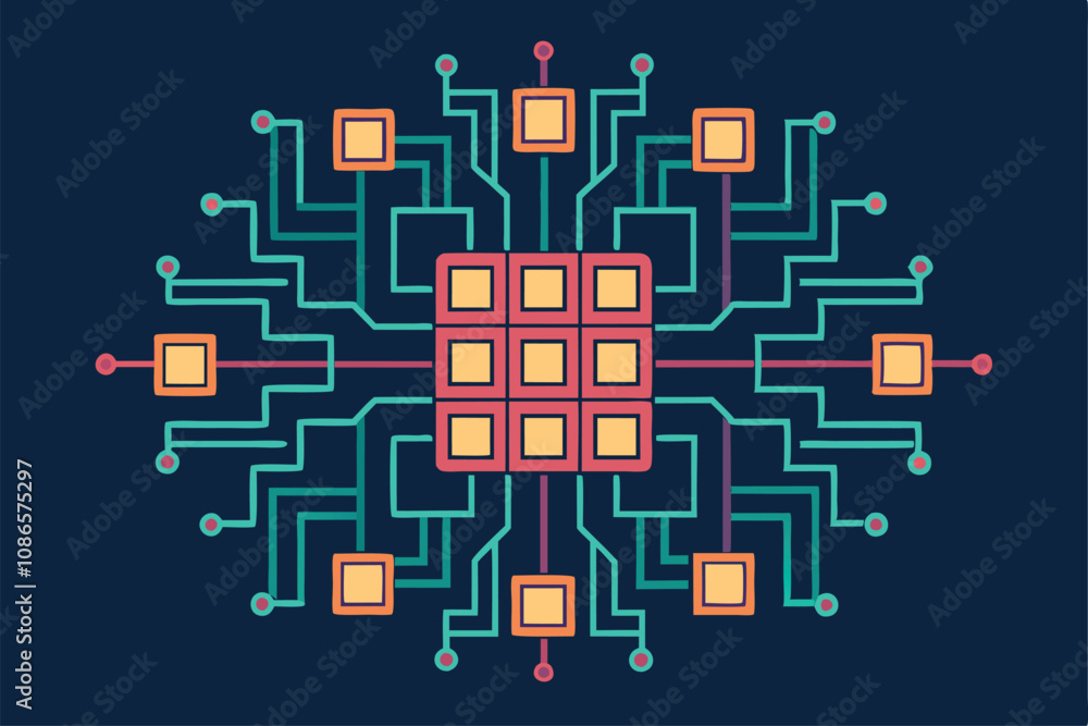Poster a detailed circuit-like grid pattern features colorful lines and shapes against a dark backdrop, a g