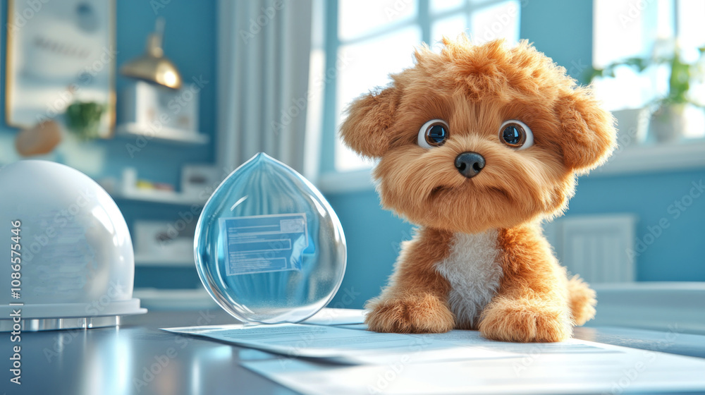 Poster 3d rendering of a pet protected by a floating shield and insurance documents