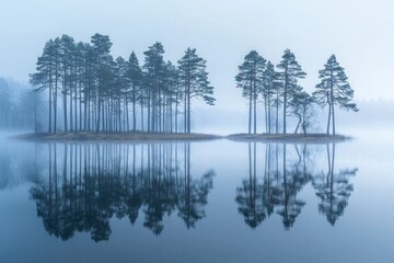 Obraz premium In the misty morning, tall trees stand by the lake with their reflection on the calm water