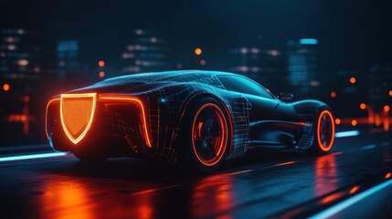 3D rendering of a sleek car protected by a glowing shield symbolizing car insurance