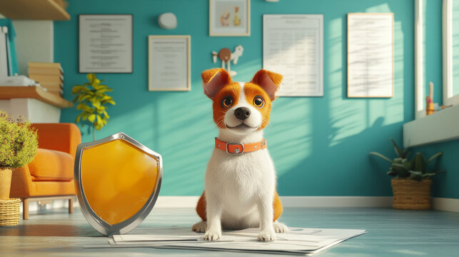 3D rendering of a pet protected by a floating shield and insurance documents