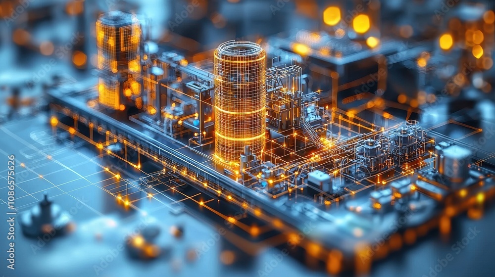 Poster futuristic industrial landscape with complex structures and illuminated digital elements showcasing 