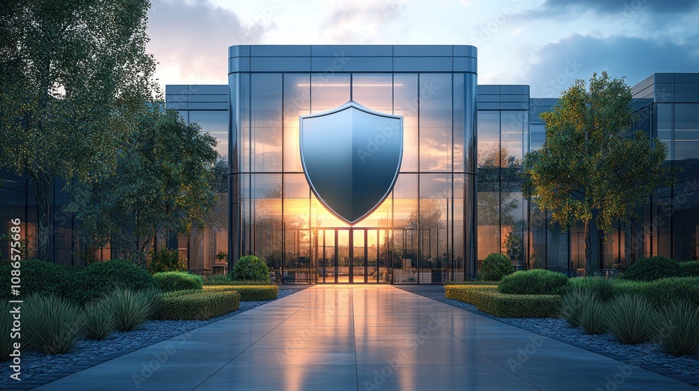 Poster 3d rendering of an office building protected by a large shield. business insurance concept