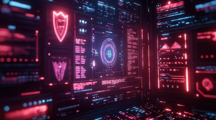 Fototapeta premium 3D rendering of AI computer calculating insurance with high precision surrounded by shields and coverage graphs