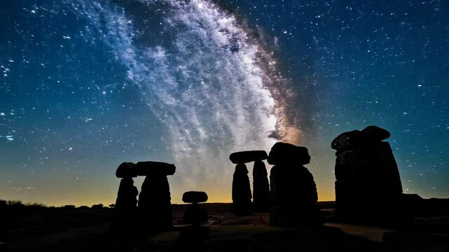 Camera orbits an ancient stone circle monument at night. The milky way arches overhead, centered on the stone formation.