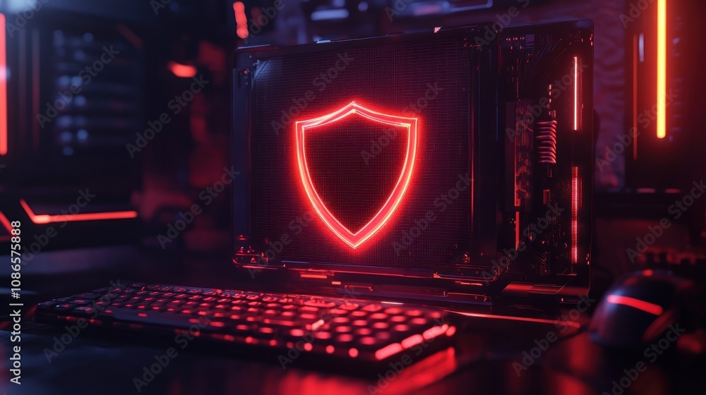 Poster 3d rendering of cyber shield surrounding working computer, suggesting cyber insurance