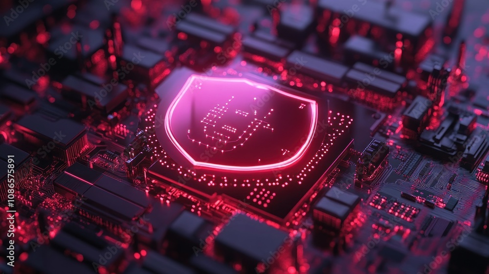 Poster 3d rendering of cyber shield surrounding working computer, suggesting cyber insurance