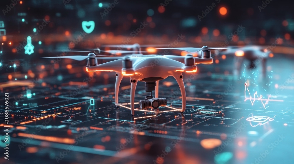 Poster 3d rendering of drones protected by insurance icons and coverage graphs