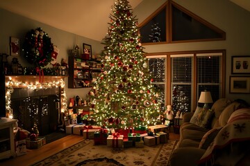 Obraz premium Cozy Christmas Evening: A Festive Home Scene with Decorated Tree and Gifts