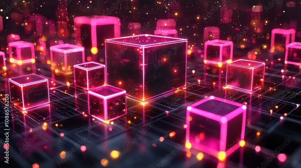 Poster abstract digital landscape featuring glowing pink cubes with sparkling lights and complex network in
