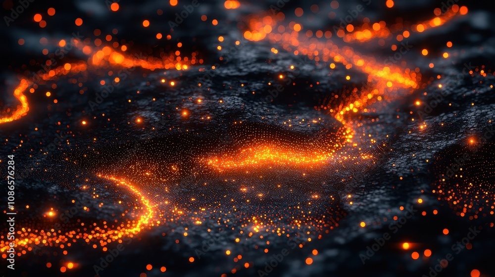 Poster abstract representation of flowing molten lava with glowing particles and dark texture showcasing vi